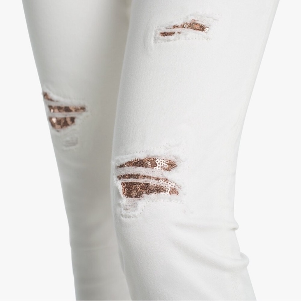 WHBM Destructed Sequin Skinny Ankle Jeans